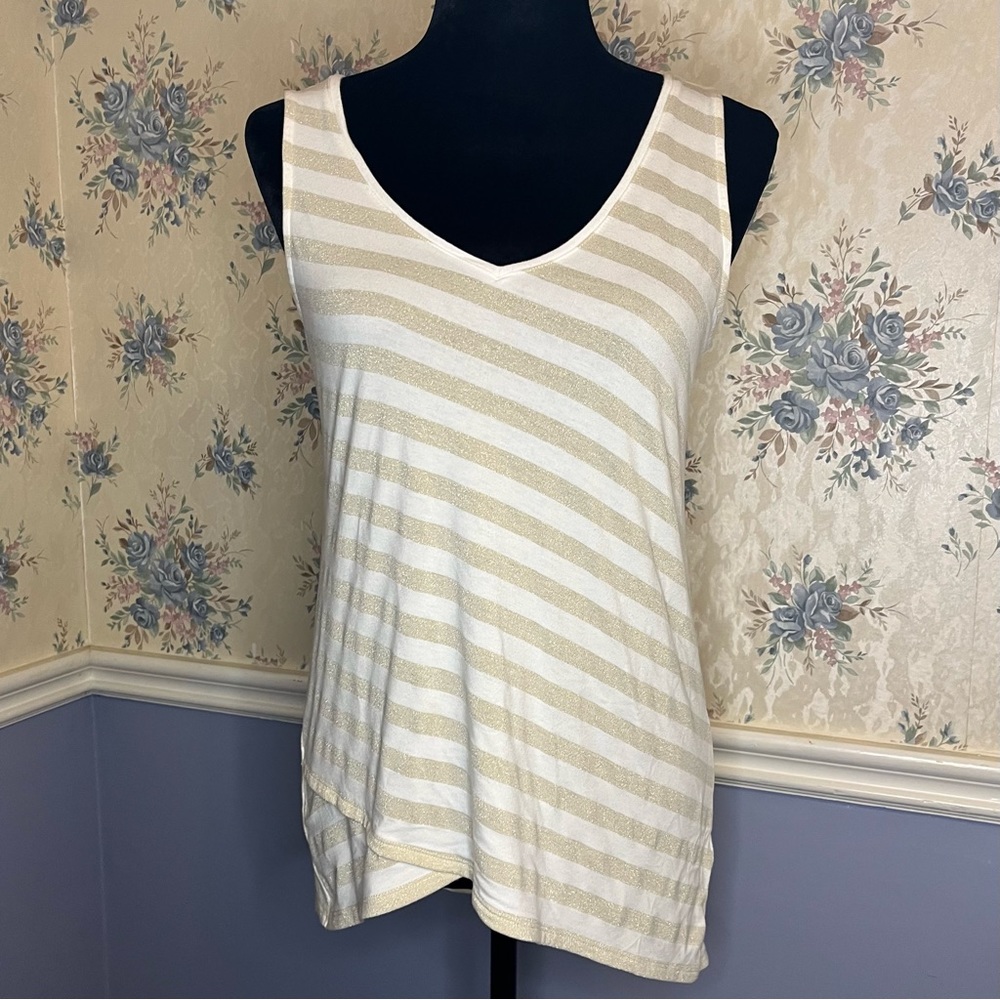White House Black Market Gold & White Stripe Vneck Tank, Size S